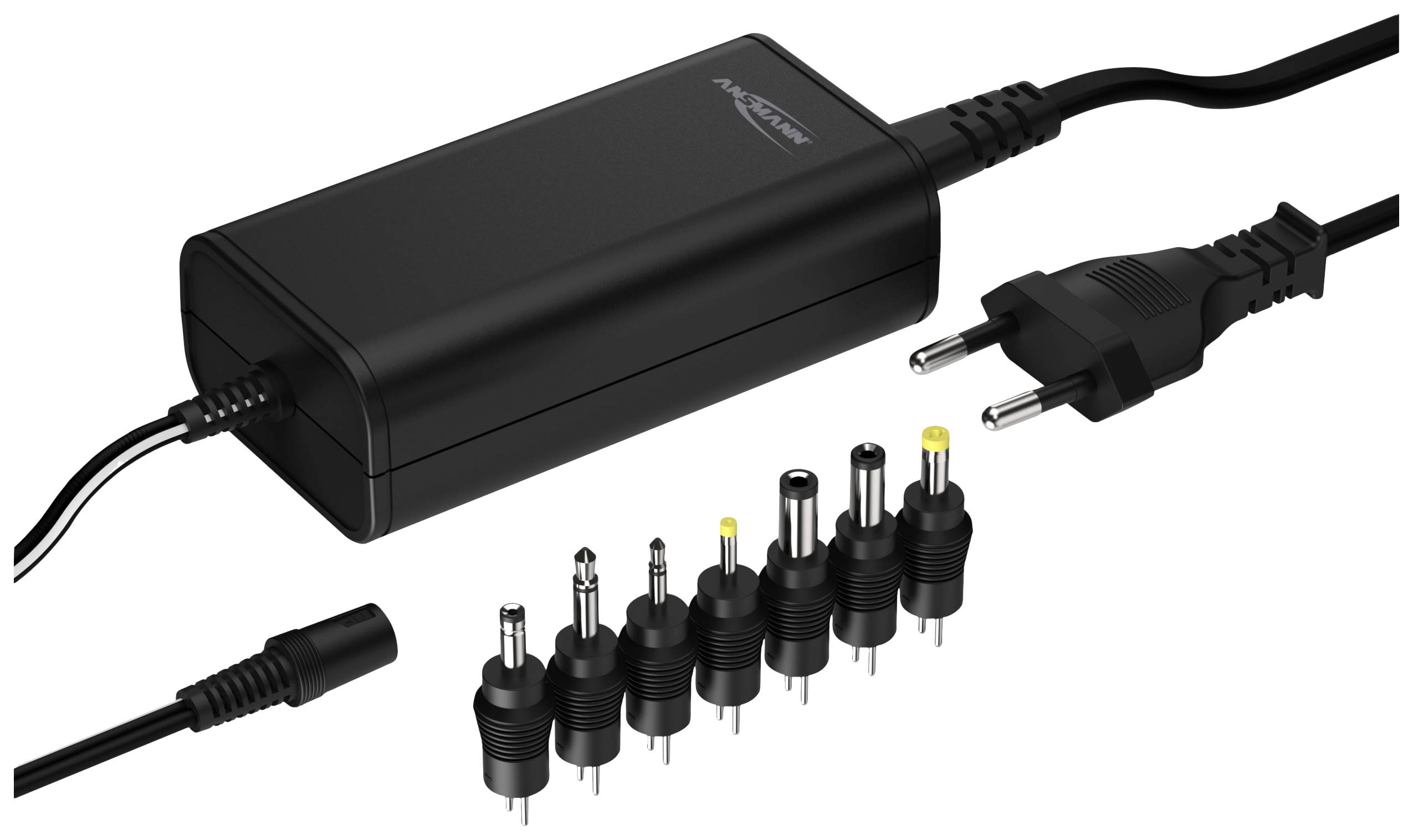 A black power supply with various interchangeable connectors and a European plug. Suitable for different devices.