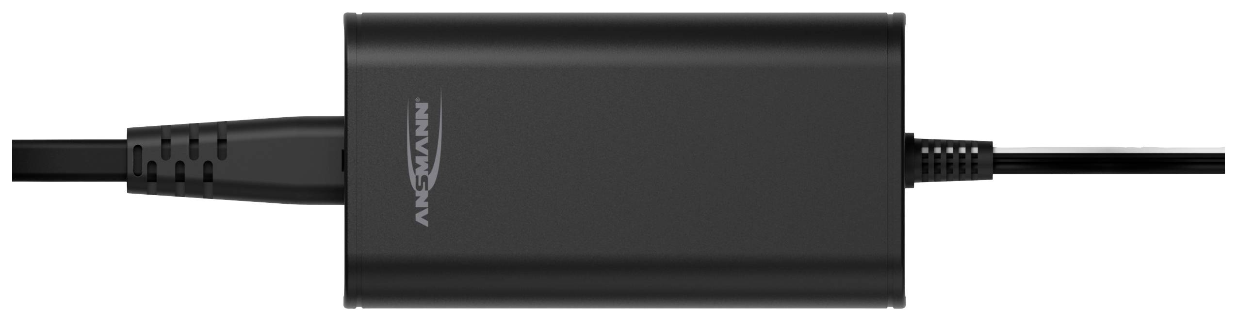 Black rectangular charger with cable connections on the left and right. The 'ANSMANN' logo is visible in the top left corner.
