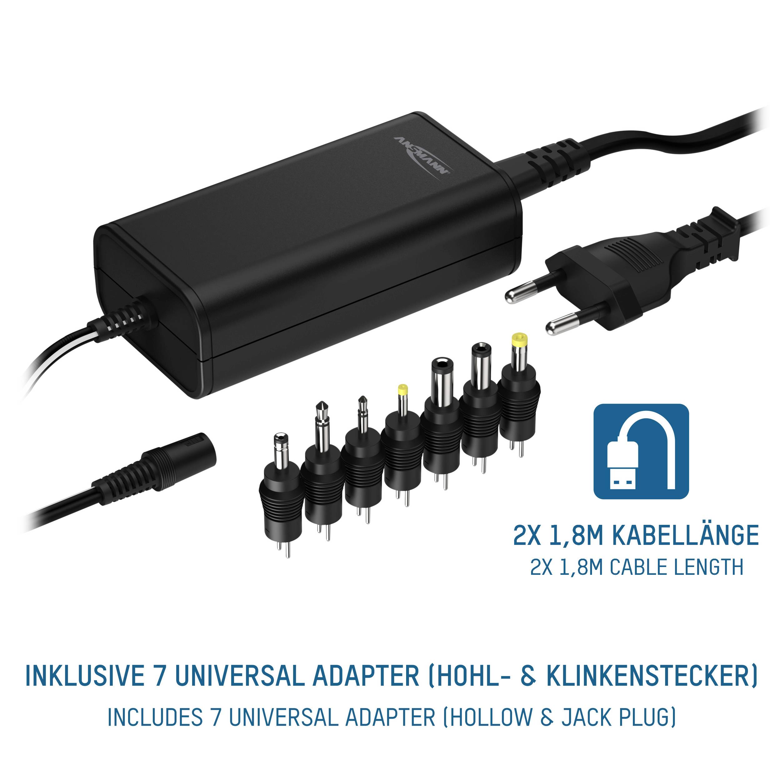 Power supply with 1.8 m cable and 7 different adapters for universal use.