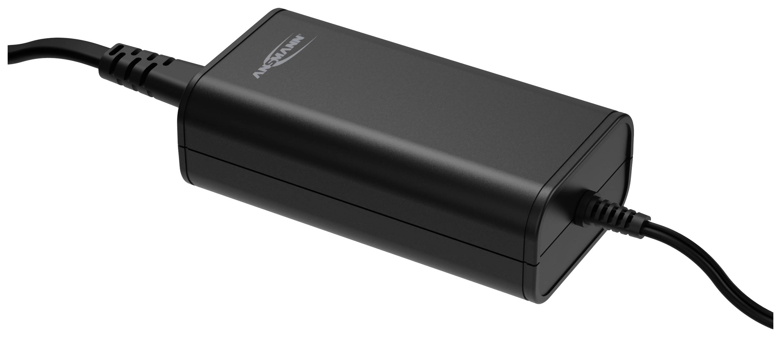 A black laptop power adapter with a connected power cable visible at both ends.