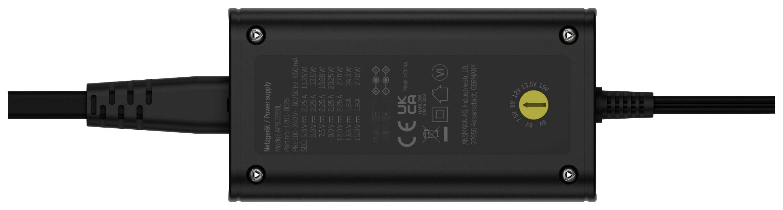 Black power supply with permanently attached power cables on both sides, showing CE marking and technical details on the surface.