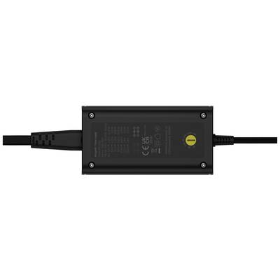 Black power supply with permanently attached power cables on both sides, showing CE marking and technical details on the surface.