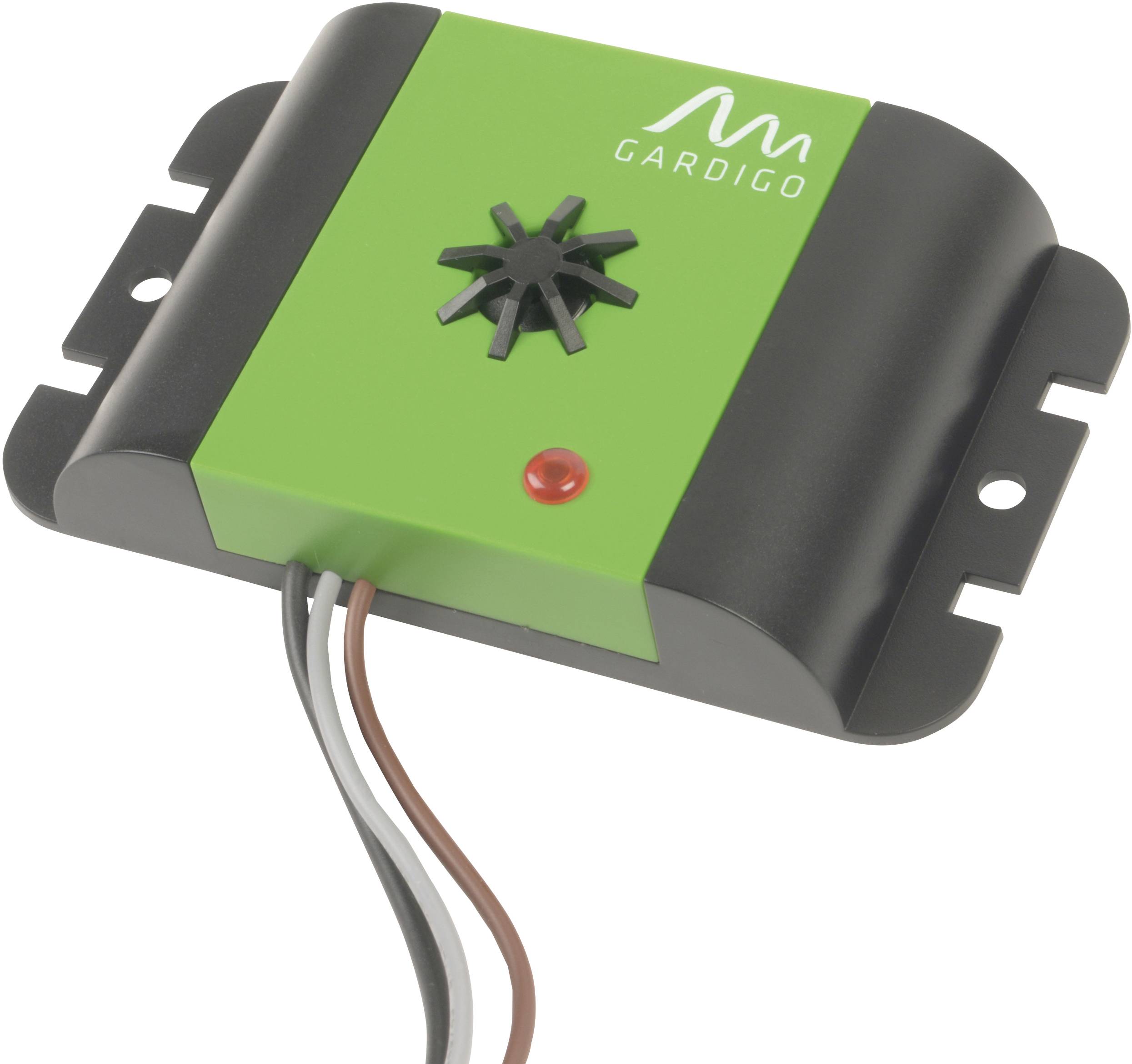 Small, rectangular device with a green casing and black, rounded frame. Connected via a cable.