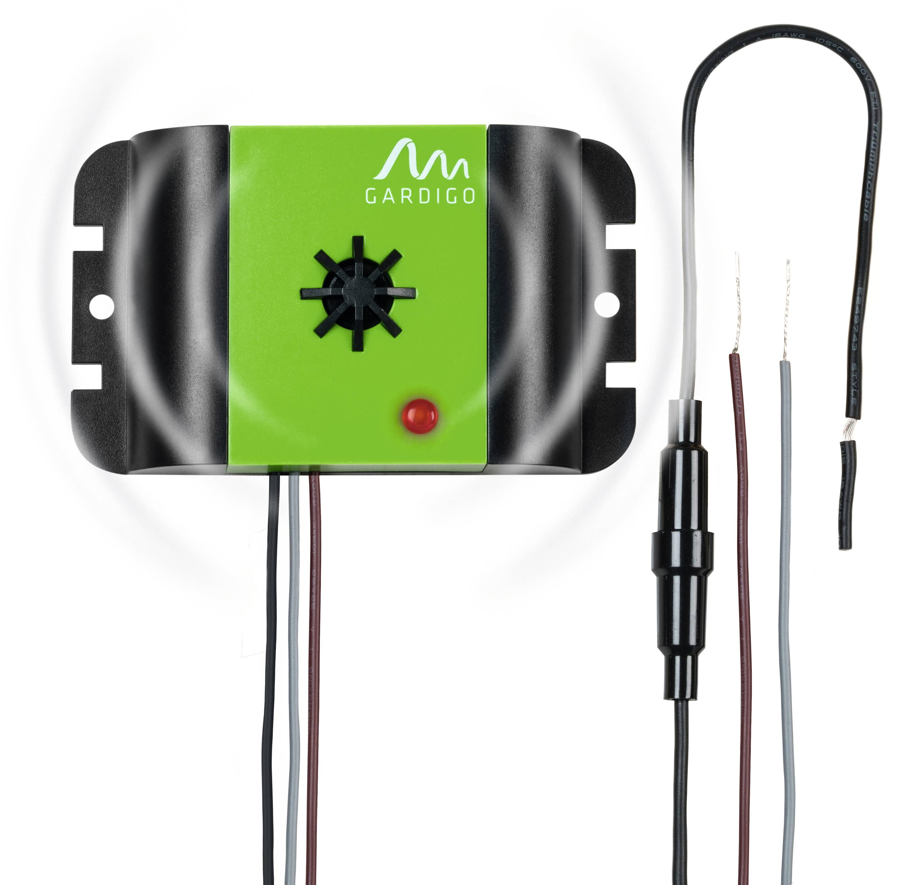 Ultrasonic pest repeller with green casing, round speaker in the centre, two black side wings, wired power supply.