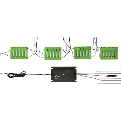 Four green sensor plates are connected to a black device. Cables run between these components.