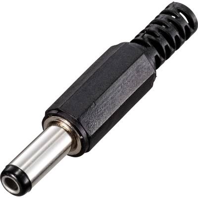 'Close-up of a black direct current plug with a metal pin and plastic casing.'