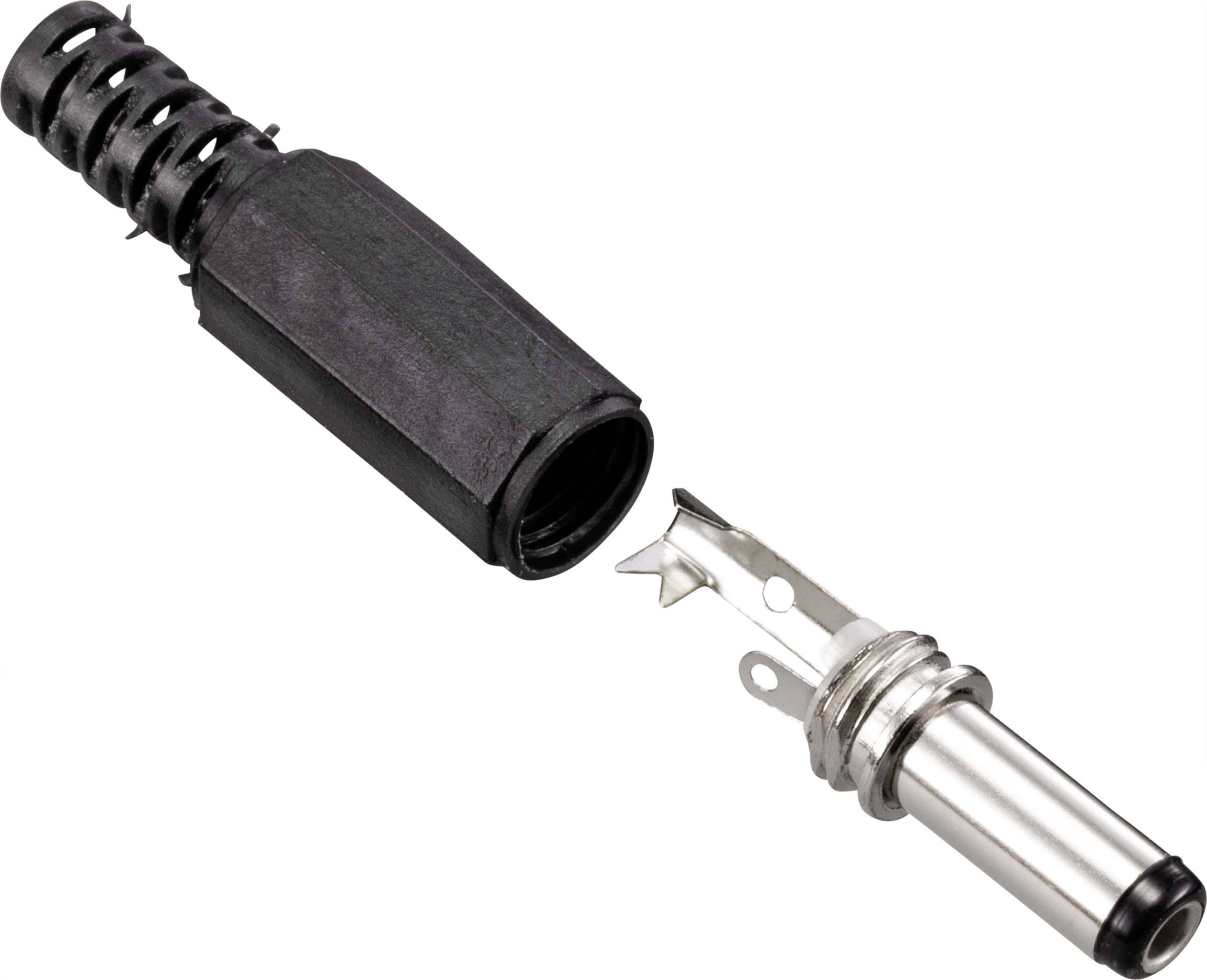 A disassembled adaptor plug with a plastic casing on the left and metal tip on the right, revealing its internal connecting components.