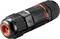 A black waterproof cable connector with red details and TÜV certification, suitable for outdoor electrical applications.