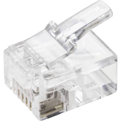 A transparent RJ45 plug with eight pins, commonly used for Ethernet network cable connections in computer networks.