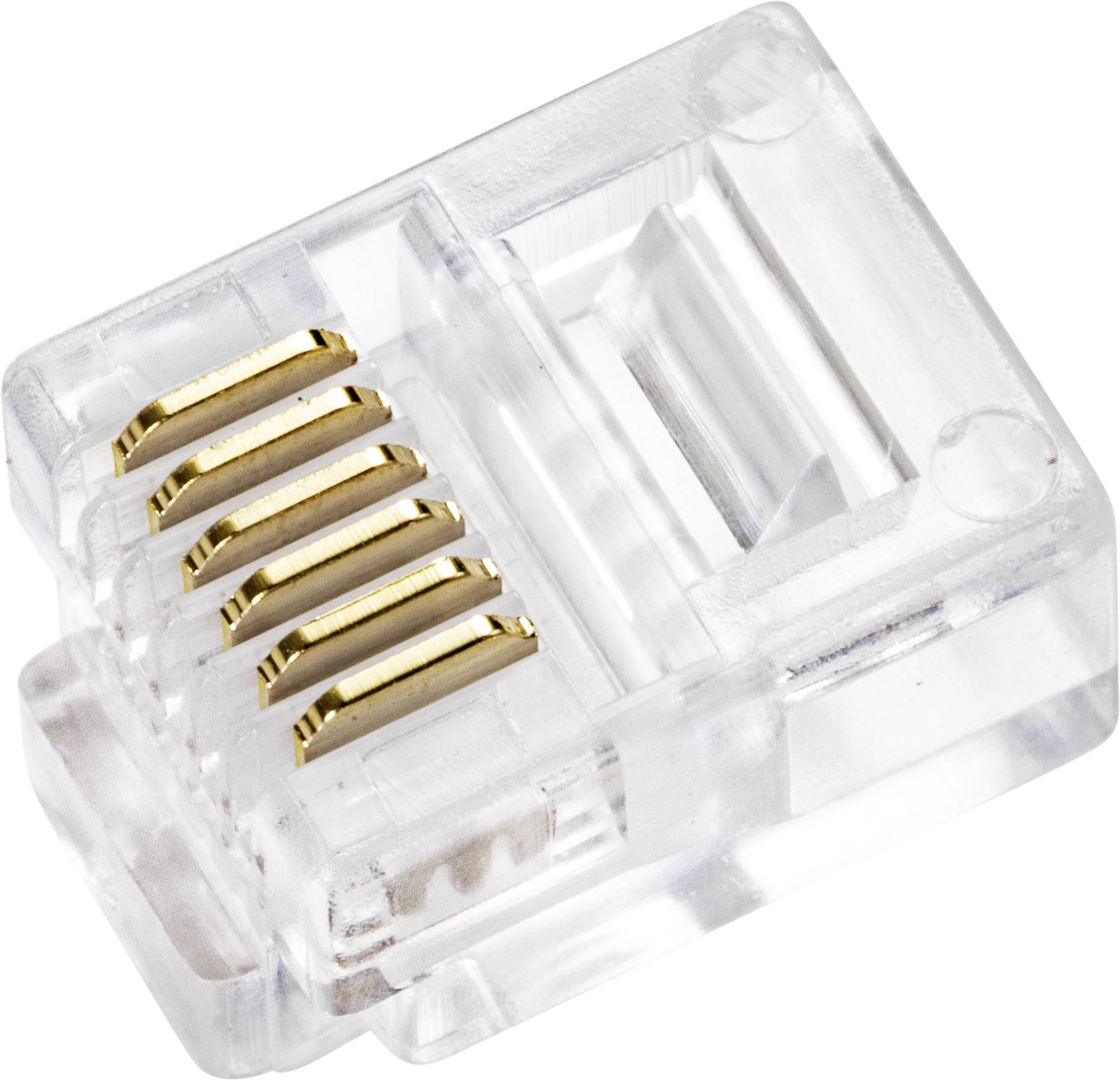 A translucent RJ45 plug in close-up, showing the contact points for connecting network cables.