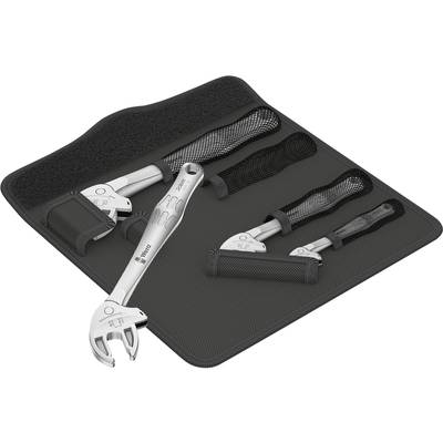 A set of adjustable spanners in a black, mesh tool bag. Contains three differently sized spanners.