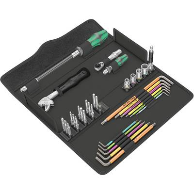 A tool set in an open bag, containing screwdrivers, socket wrenches, bits and colourful Allen keys, neatly arranged.