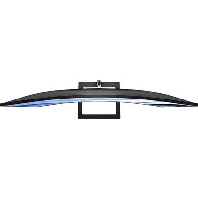 Curved monitor, side view from above, showing the sleek, modern design and curved screen.