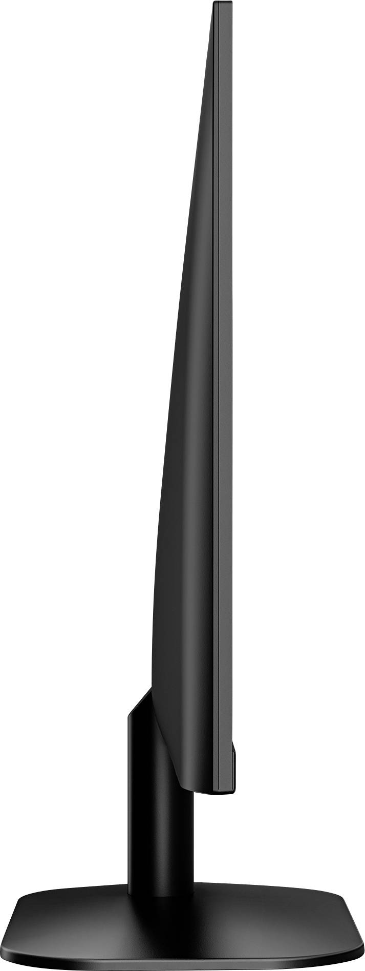 Side view of a black, slim computer monitor on a round stand against a white background.