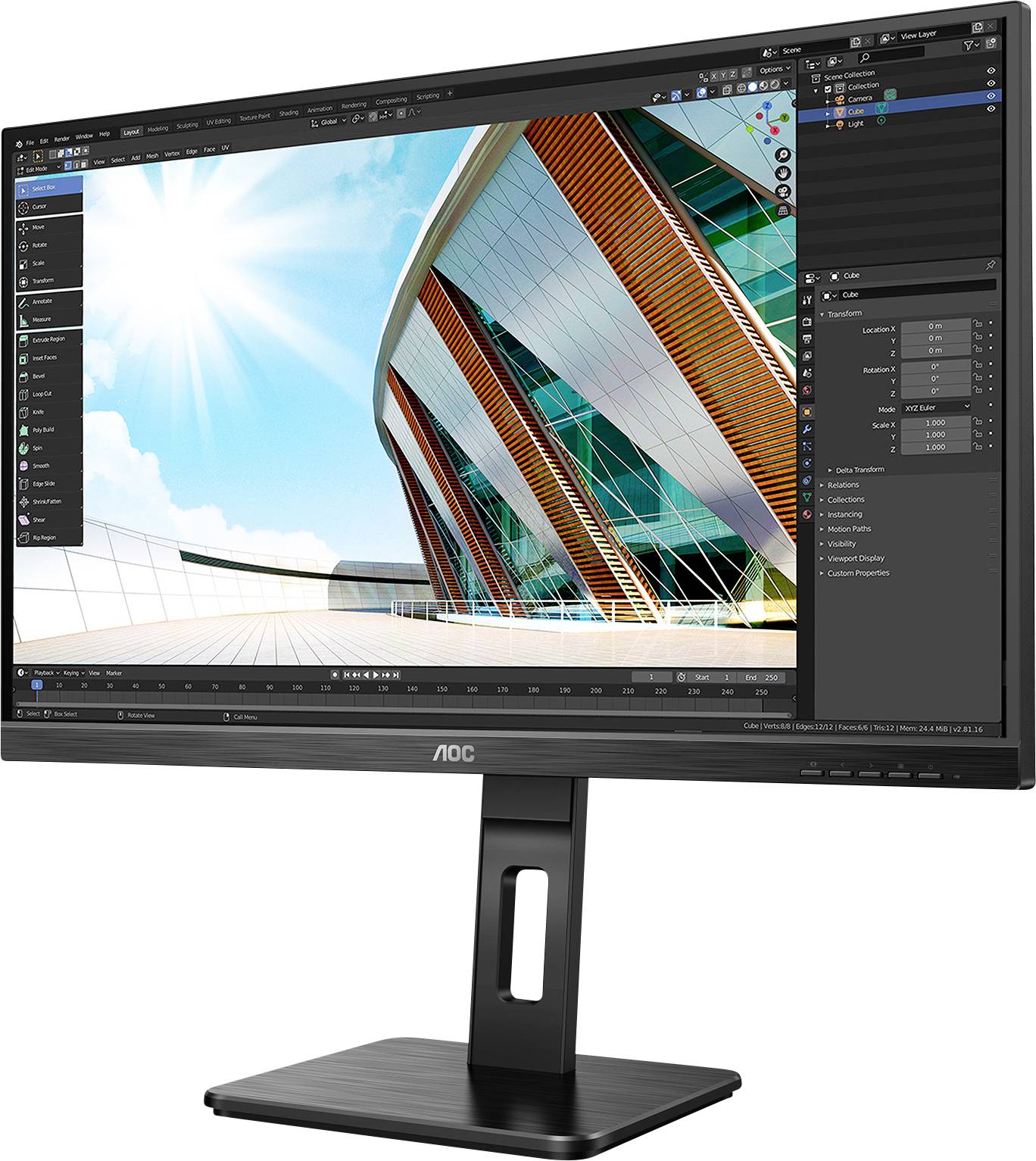 A computer monitor displays a 3D rendering software with an architectural design of a modern building under a blue sky.