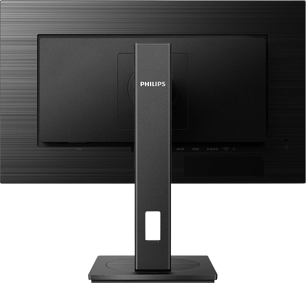 The monitor displays the rear of a Philips screen with a sturdy stand, black casing, and company logo.