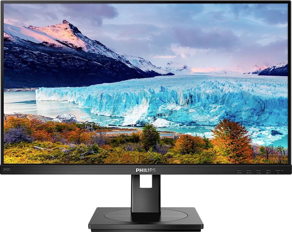 A Philips monitor displays a landscape featuring a snow-capped mountain and a glacier above a forested shoreline at sunset.