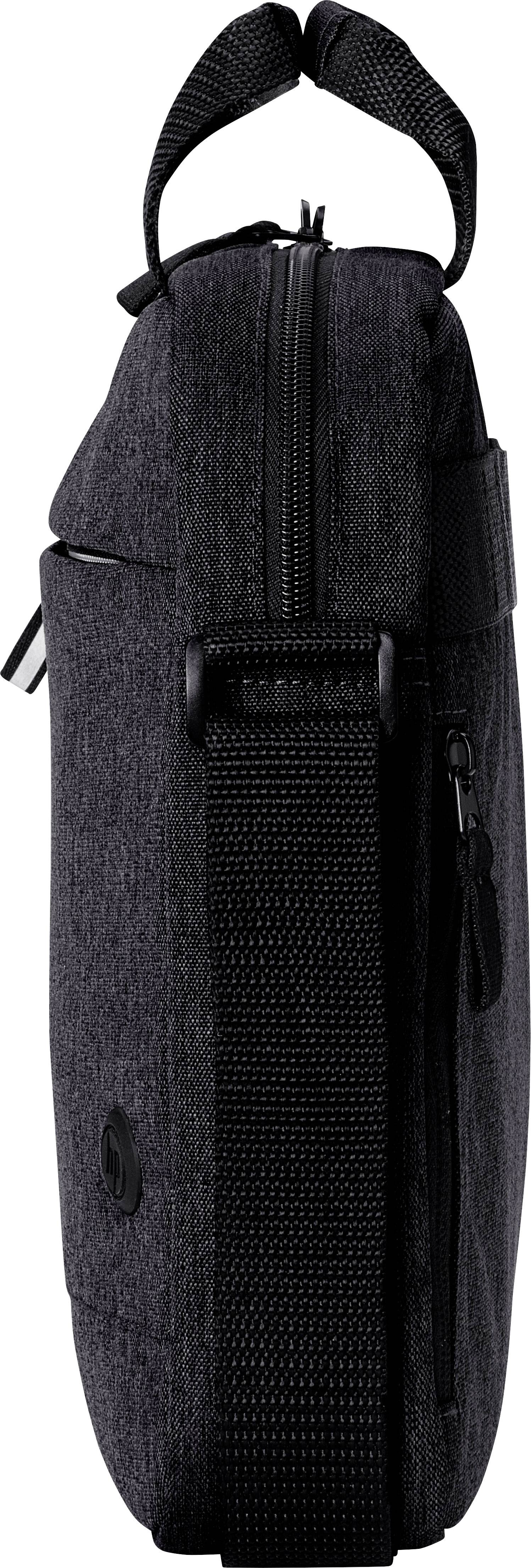 Black shoulder bag in profile view with a zip at the top, a handle and a shoulder strap on the side.