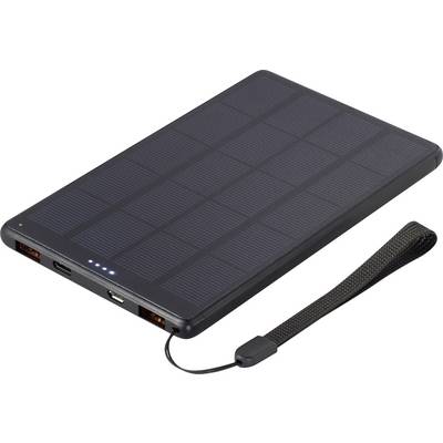 Black solar charger with USB ports and carry loop, suitable for mobile device charging via solar energy.