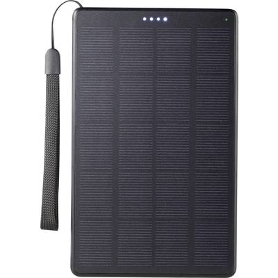 Portable black solar power bank with LED indicators on top, showing the charging status. It has a convenient hand strap on the left.