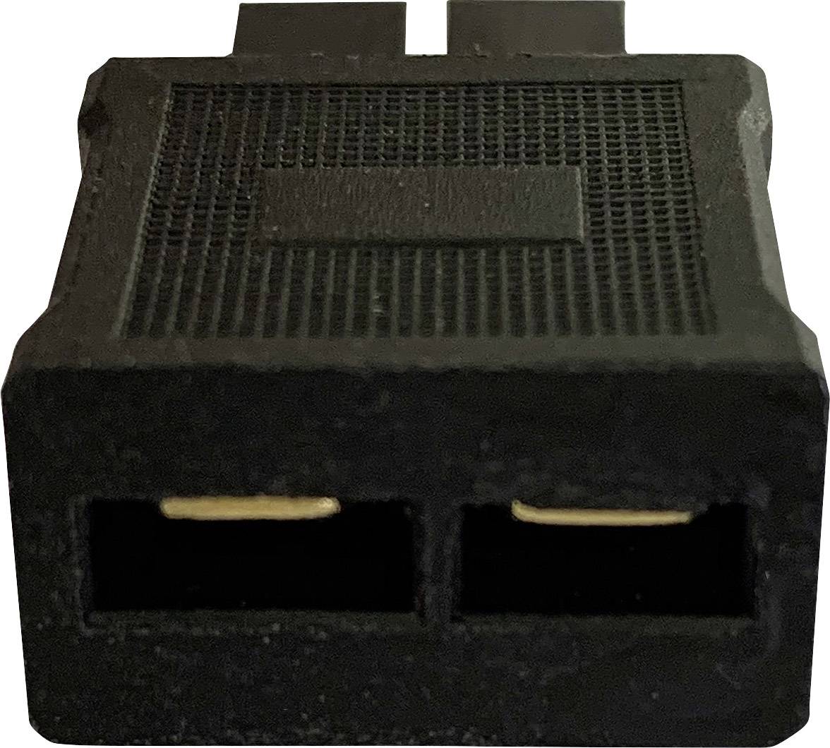 'Black electric plug with two parallel terminals, close-up view from the front.'