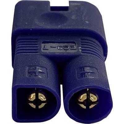 A blue EC3 plug with two golden contact pins, commonly used in RC models for secure electrical connections.