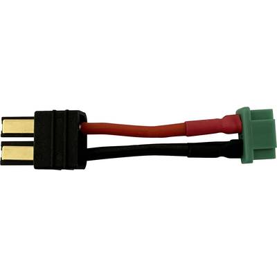 An adaptor cable with black and red wires connects a black and gold plug to a green connector.