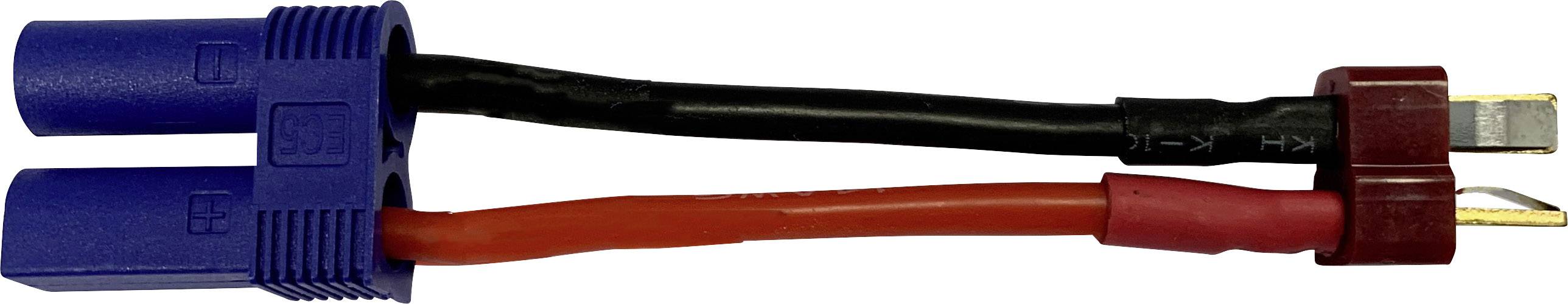 Two differently coloured connectors: a blue one with two sockets and a black and red one with two pins, connected by cables.