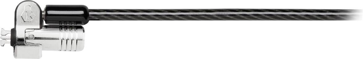 A silver laptop security lock with a black cable demonstrates how devices can be protected against theft.