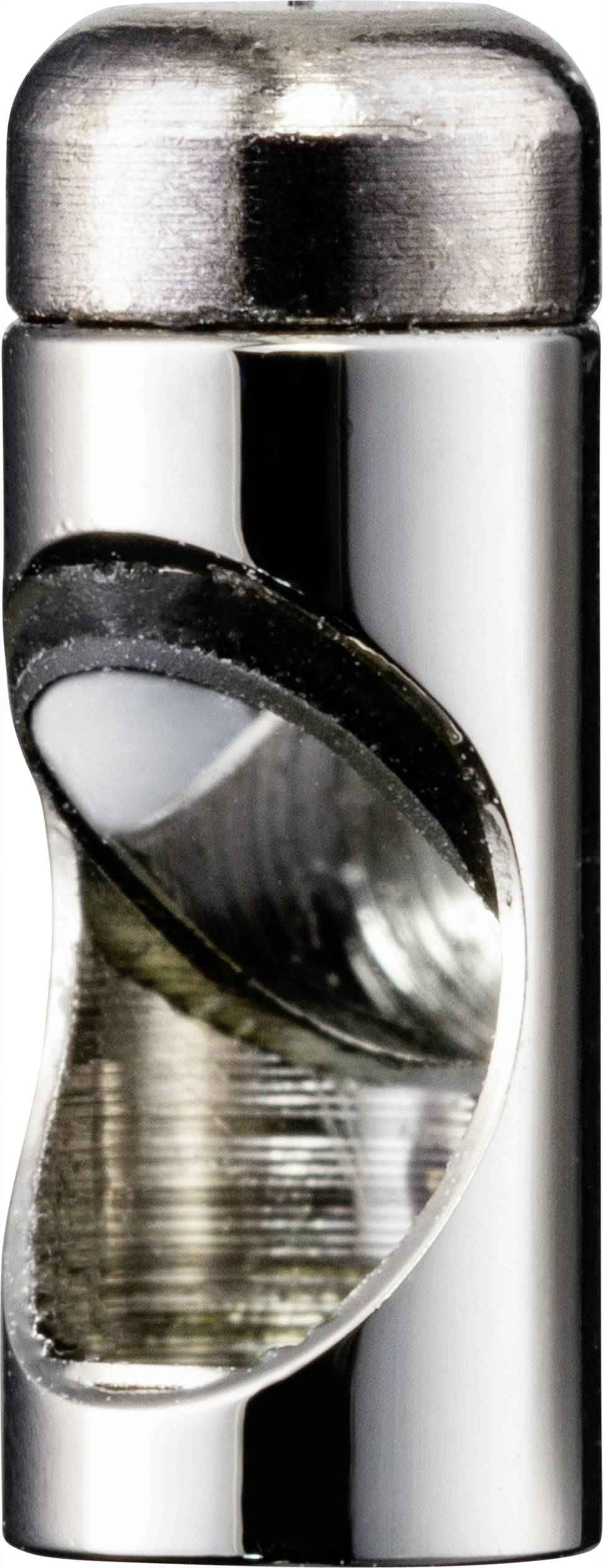 A gleaming, metallic cylinder with a curved opening that reveals intricate internal details.