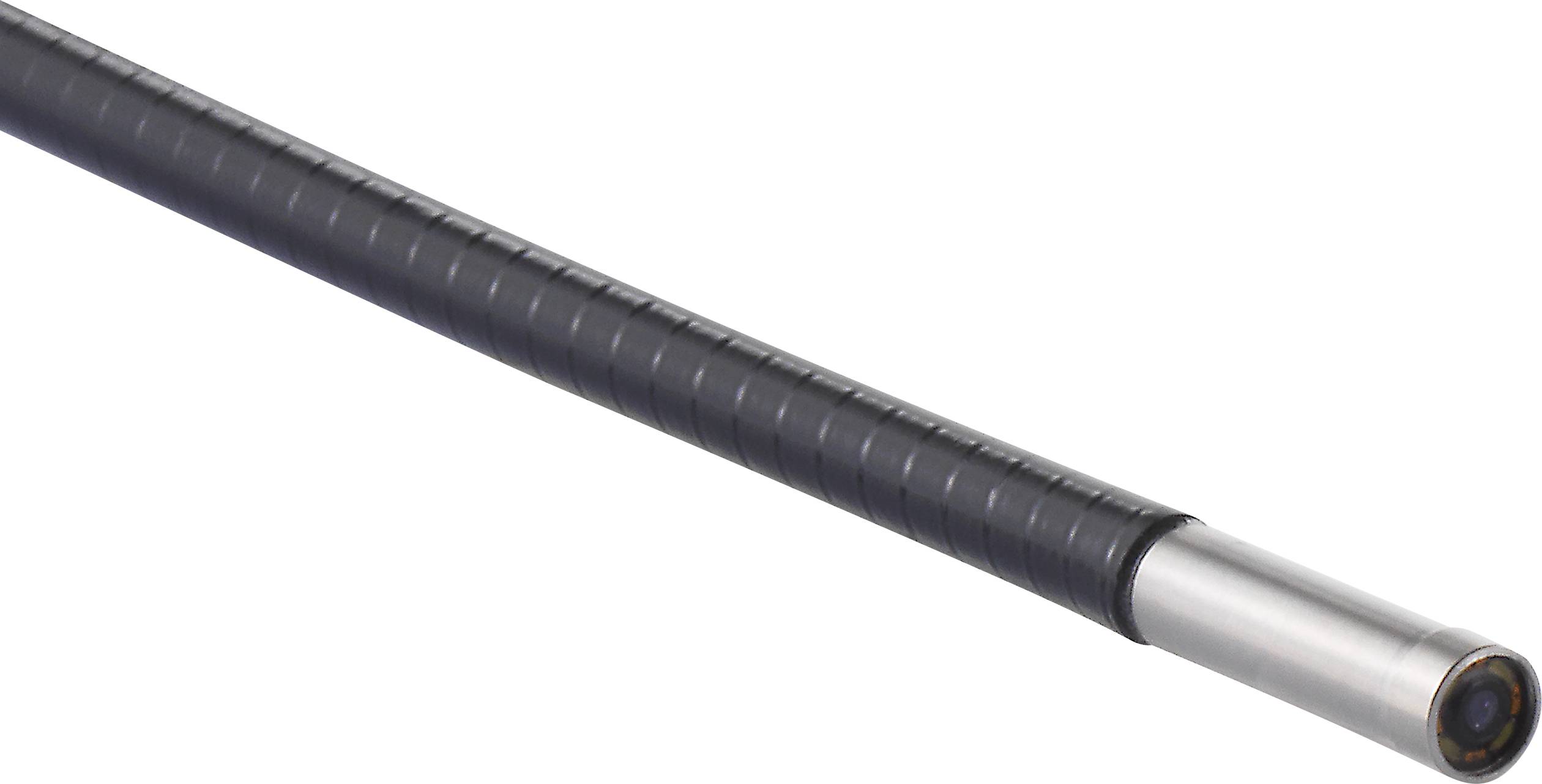 Inspection camera probe with a black, flexible cable and silver camera housing at the end, suitable for hard-to-reach areas.