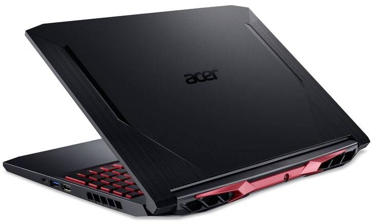 Black gaming laptop with red keyboard backlight, partially open, showing ventilation slots and brand logo.