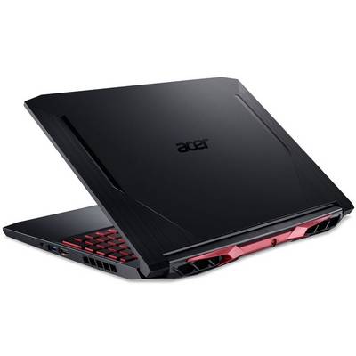 Black gaming laptop with red keyboard backlight, partially open, showing ventilation slots and brand logo.