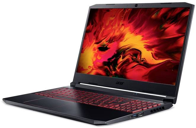 A black laptop with red keyboard backlighting, the screen displaying vivid red and yellow flame patterns on a black background.