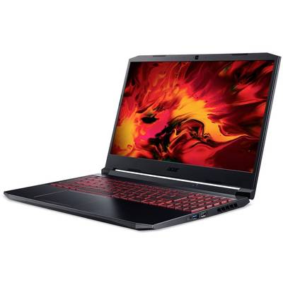 A black laptop with red keyboard backlighting, the screen displaying vivid red and yellow flame patterns on a black background.