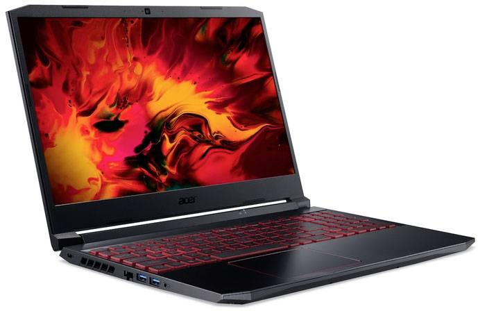 A black laptop with red keyboard backlighting and a vibrant, red-yellow background image on the screen.