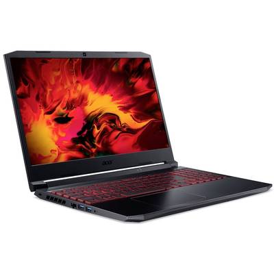 A black laptop with red keyboard backlighting and a vibrant, red-yellow background image on the screen.