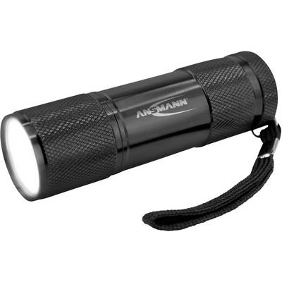 A black, compact torch with a textured grip and lanyard is shown.