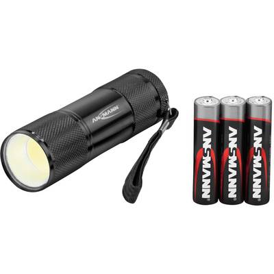 Black torch with three silver-red batteries beside it. Torch has 'Ansmann' printed on it.