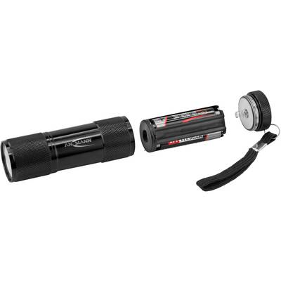 Dismantled torch with battery compartment and lid, fitted with hand strap.