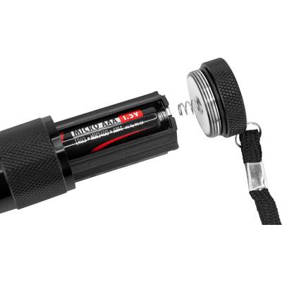 Black torch opened, showing an inserted 'Micro AAA 1.5V' battery. The battery cover with spring has been removed.