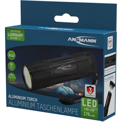 A black Ansmann aluminium torch in its packaging, highlighting LED technology with 175 lumens.<br><br>Note: In British English, "torch" is used instead of "flashlight", and the spelling of "aluminium" follows British convention.