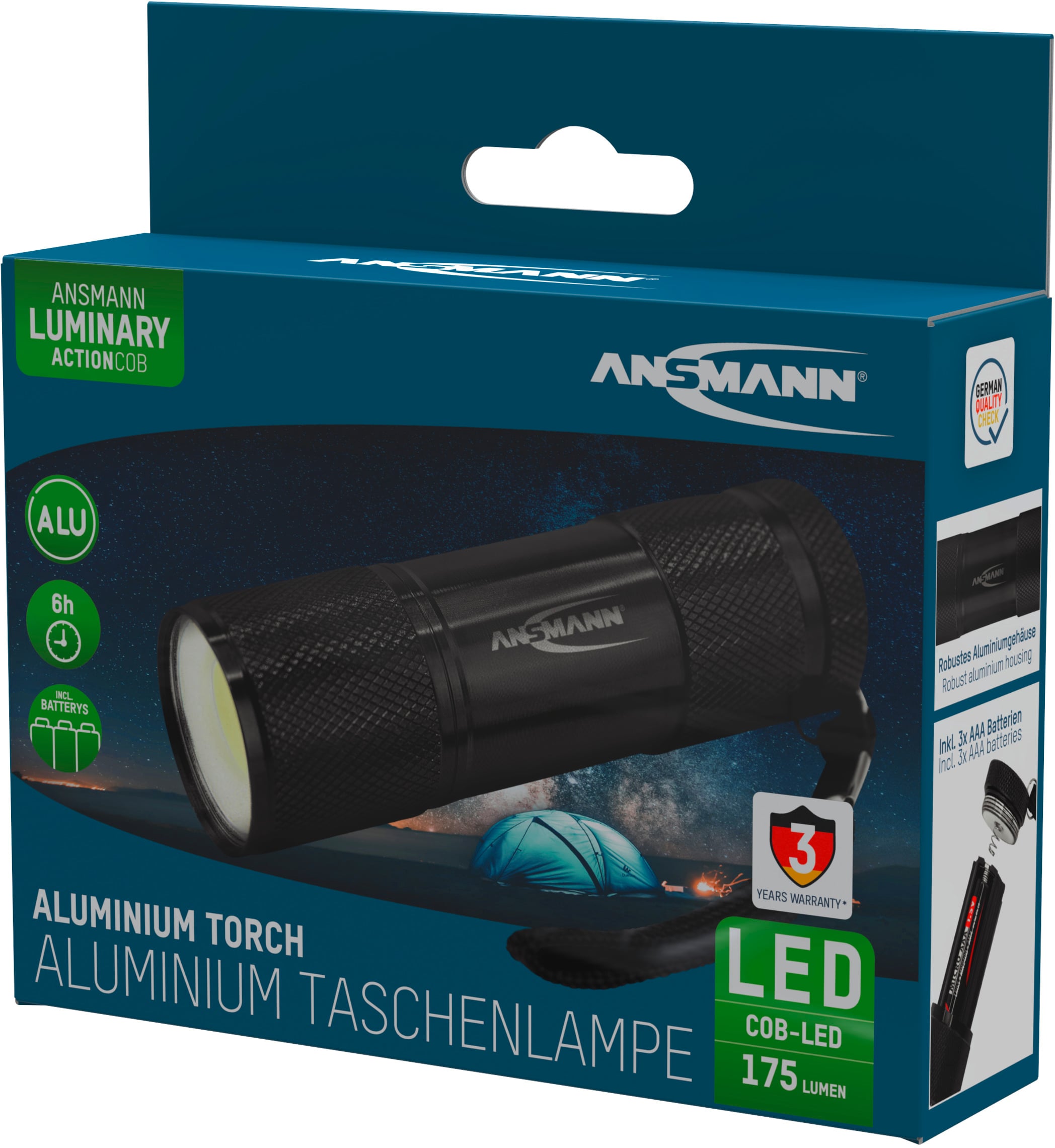 A black Ansmann aluminium torch in its packaging, highlighting LED technology with 175 lumens.<br><br>Note: In British English, "torch" is used instead of "flashlight", and the spelling of "aluminium" follows British convention.