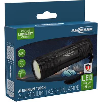 Torch packaging with the text 'Aluminium Torch', 'LED', '175 Lumens' and 'Ansmann'. Image of a tent landscape.
