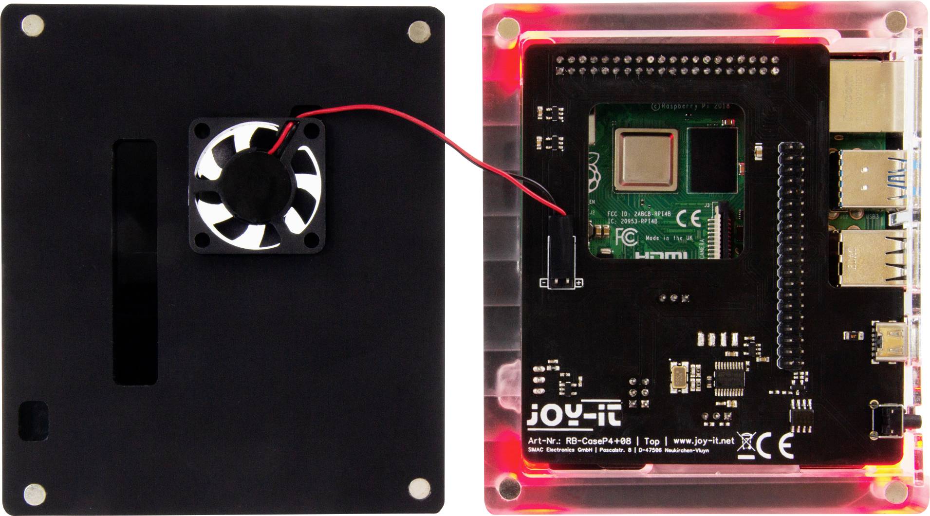 An open chassis reveals a motherboard with CPU, heatsink, and fan; connections visible on the side.