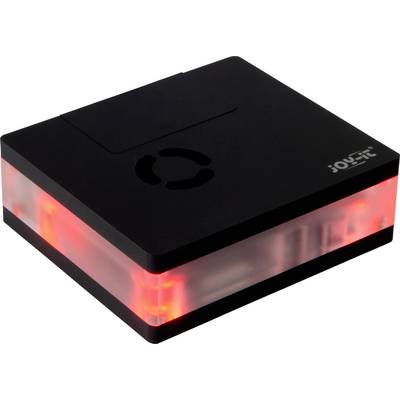 A black device with a transparent, red-illuminated edge that looks like a technological gadget.