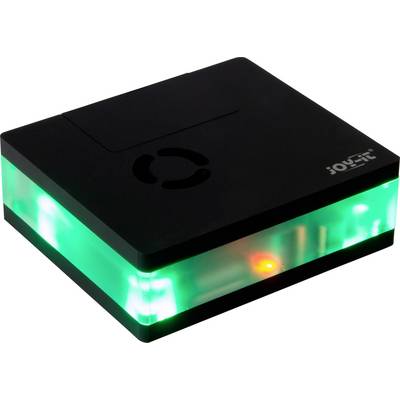A black device with a glowing, transparent edge that illuminates in green and orange hues.