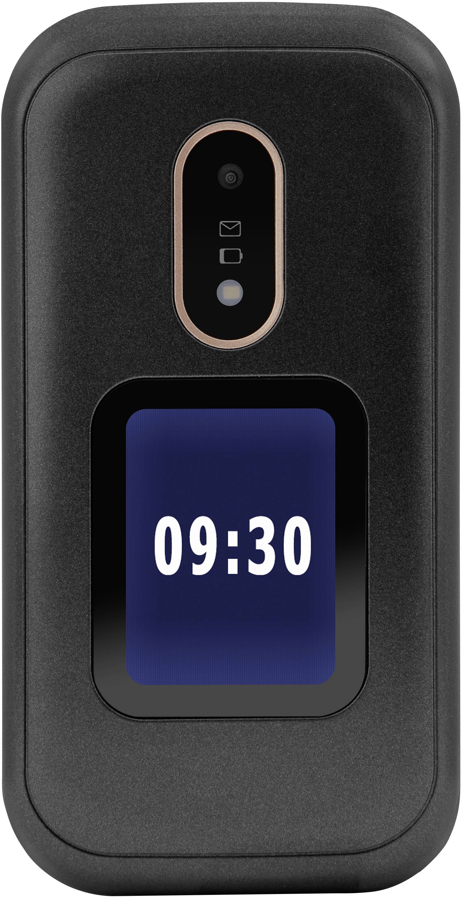 Black flip phone with a small external display showing the time '09:30'. Above the display, a camera and sensors are visible.