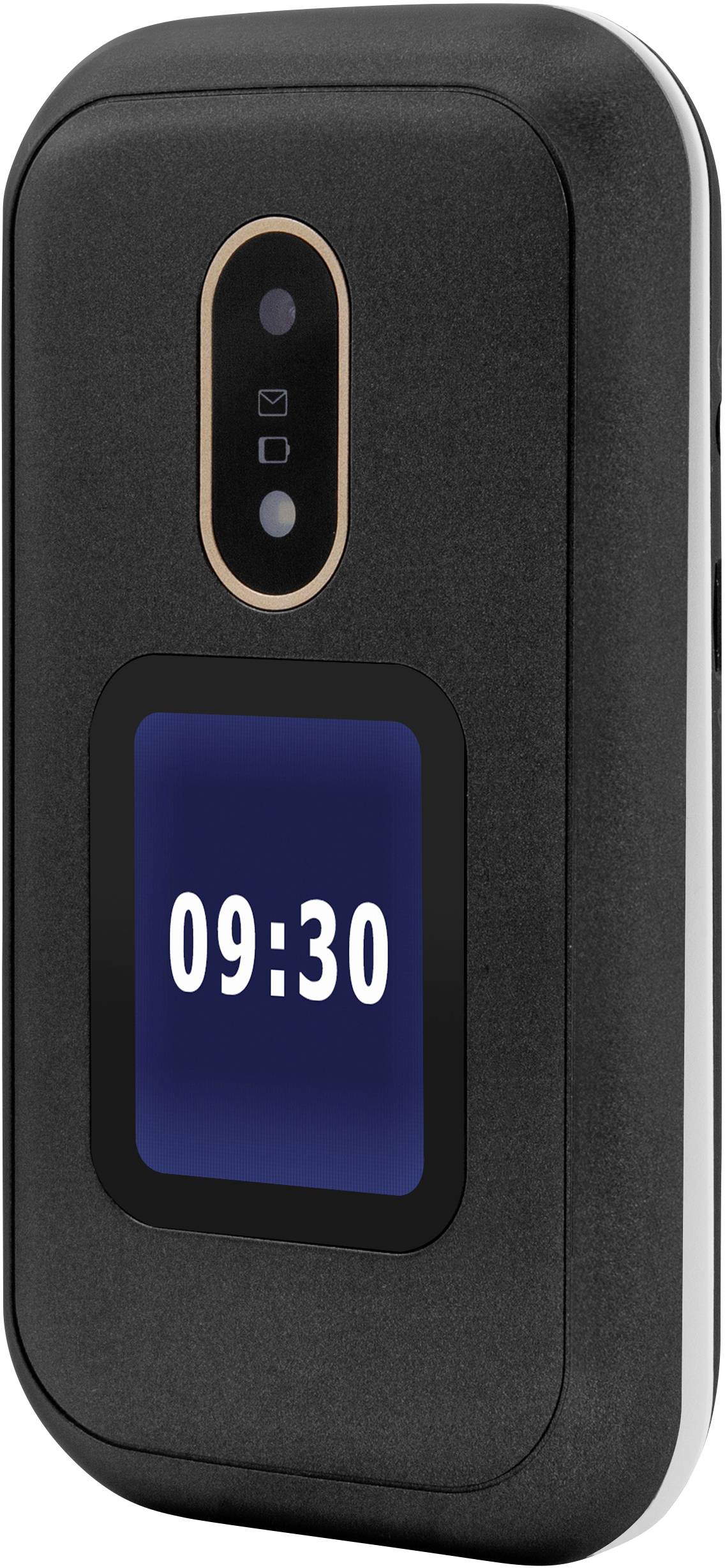 Black flip mobile phone with external display. The screen shows '09:30'. Rear camera and flash at the top.
