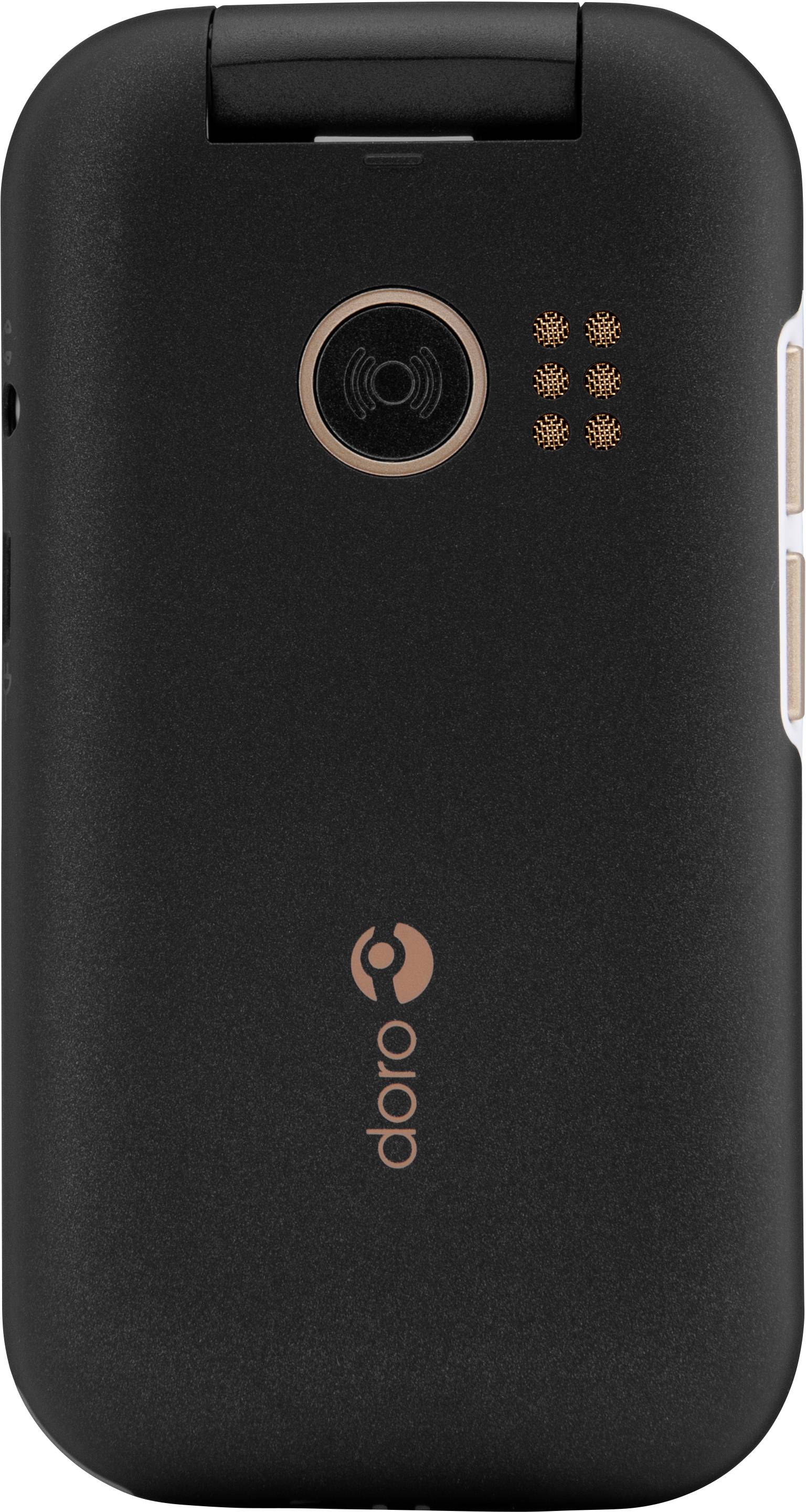 A black flip mobile phone by Doro, front side featuring a camera lens and grid-patterned speaker symbols.